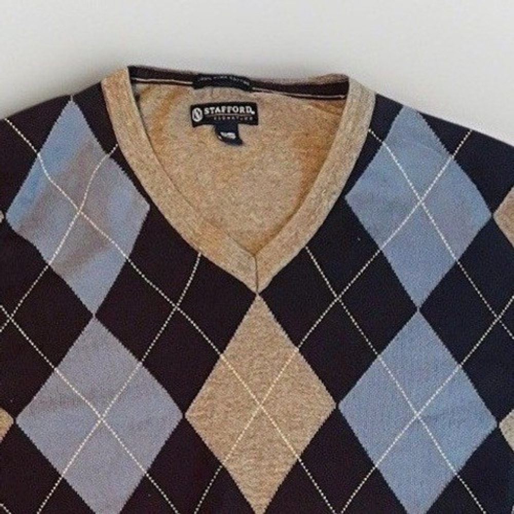 Stafford Signature Argyle Sweater Mens XL Grey Blue Pima Cotton V-Neck Pullover